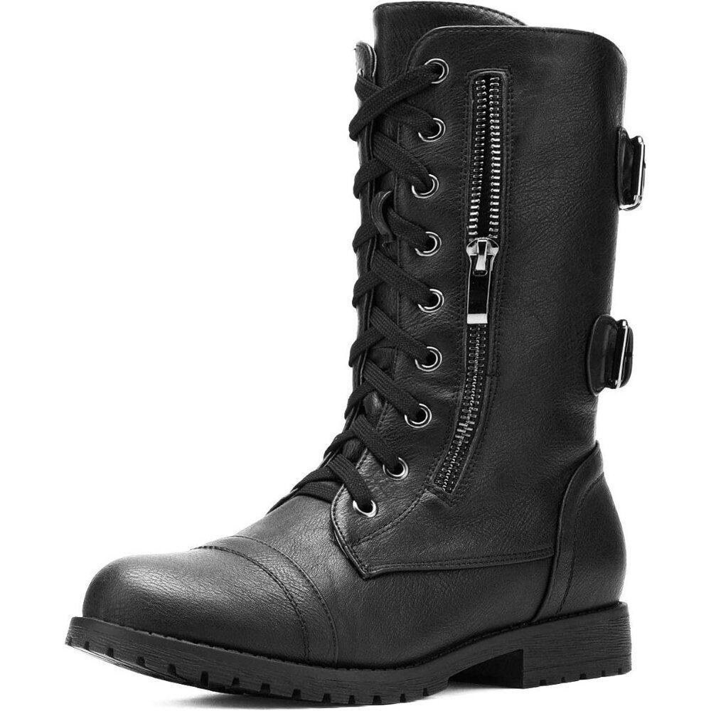 Women's Faux Fur Leather Mid Calf Combat Boots Lace Up Non-Slip Soles